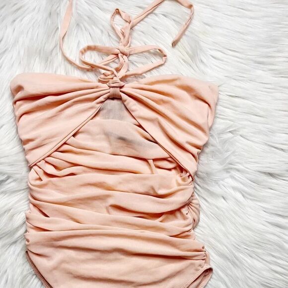 Forever 21 Ruched Knit See Through Bodysuit Peach Pink Size Small - Picture 1 of 5